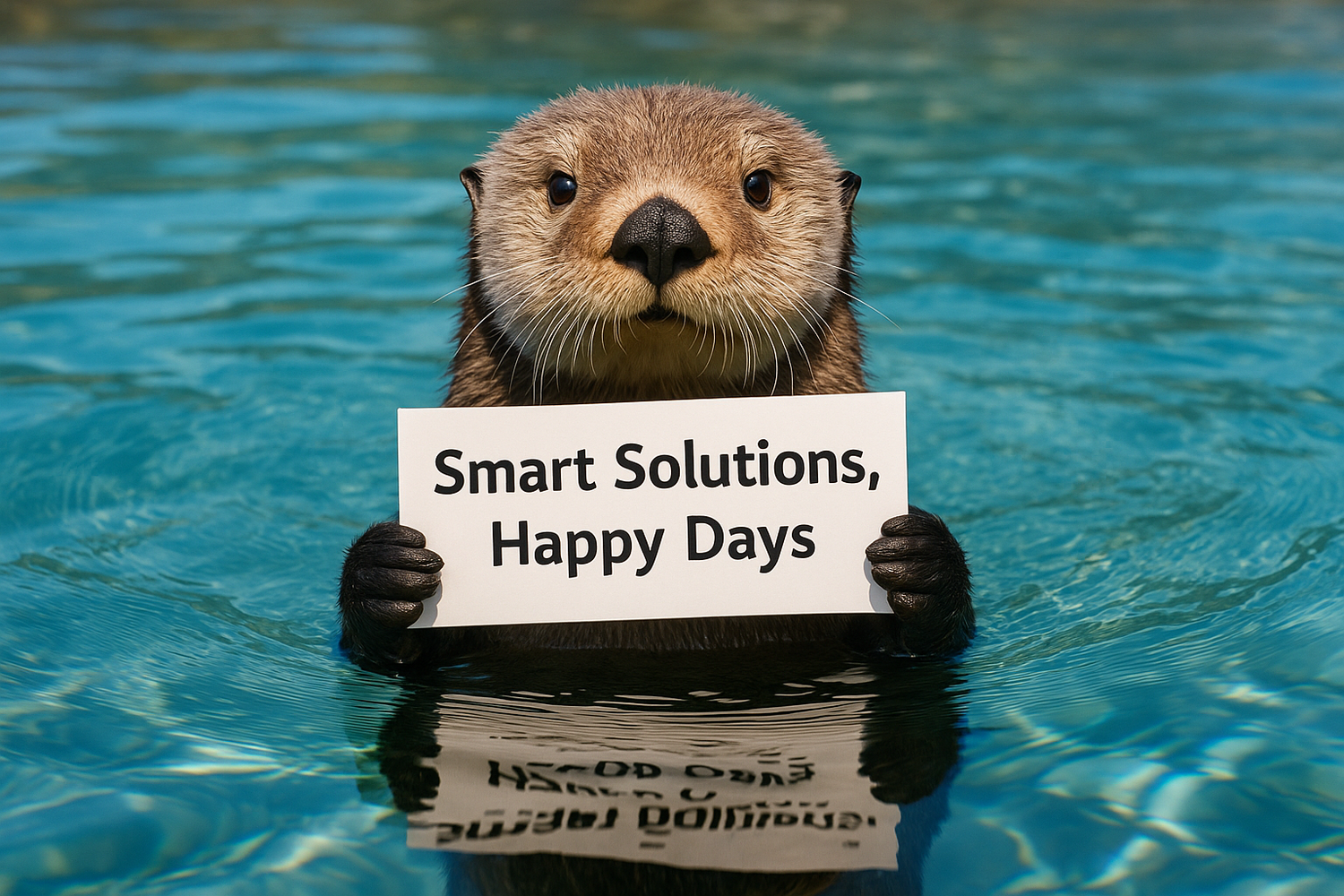 A real Otter holding a sign with 'Smart Solutions, Happy Days' in a body of water with the resolution of the image 2048x2048.